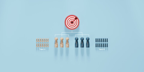 Minimalist organizational chart with wooden figures split into Team A and Team B under a shared...
