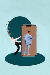 Contemporary artwork collage of happy girl guy stand phone heart notification icon social media...