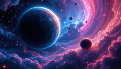 Vibrant cosmic scene featuring planets, colorful clouds, and swirling galaxies, evoking sense of wonder and exploration in vast universe