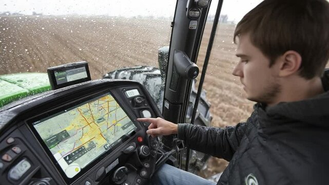 Precision Navigation in Agriculture: A modern farmer intently navigates the intricate digital interface of his farming machinery.