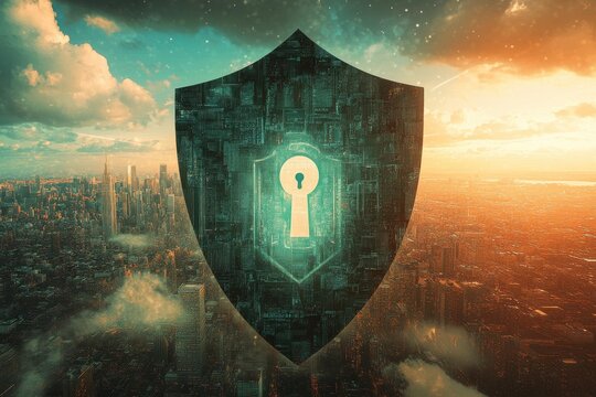 A futuristic cityscape with a large keyhole in a metal shield. Digital security concept with a shield and keyhole over a cityscape background.