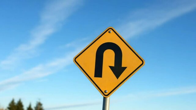 U turn road warning sign or symbol caution for change direction on white clouds and blue sky background