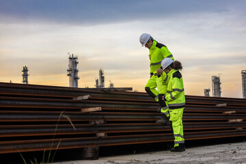 Engineers Reviewing Plans at Industrial Site at Dusk, Team of Industrial Workers at Site, Safety Engineers Surveying Refinery Operations
