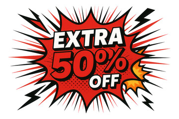Red burst sticker with EXTRA 50% OFF offer in bold comic style, dynamic retail promotion on transparent background.