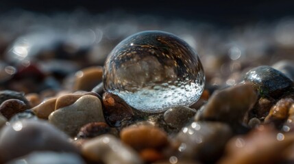 Obraz premium Close-up of a single glass ball resting on a bed of small pebbles. the glass ball is transparent and appears to be floating on the surface of the water.