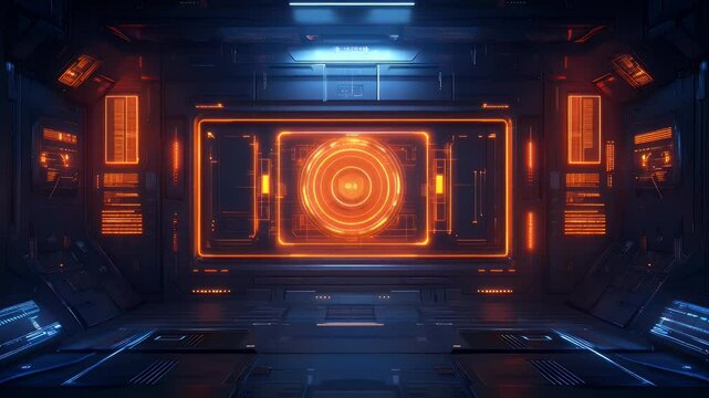 Futuristic interior with glowing orange tech panels