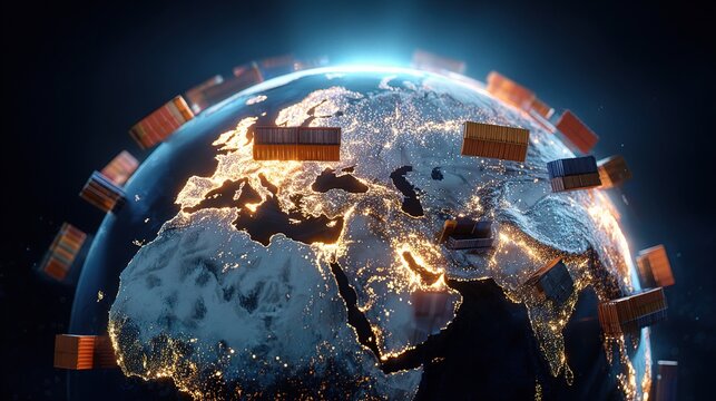 Global Trade Routes with Spinning Earth and Glowing Cargo Containers