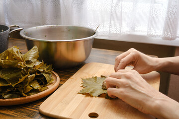 Preparation of dolma using grape leaves and fresh ingredients in a cozy kitchen setting