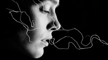 Woman's Profile with Abstract Lines of Light in Black and White