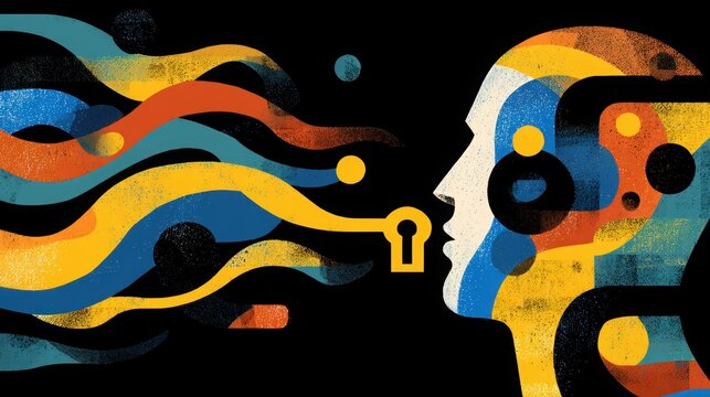 Human Profile with Colorful Waves and Keyhole Symbol in Background