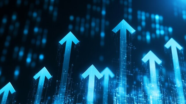 Data-Driven Ascent Blue Arrows Rise Through Electronic Visualization Representing Growth - Powered by Adobe