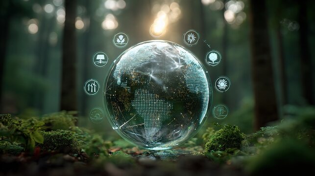 Holographic Digital Globe Hovering Over Lush Green Forest Landscape