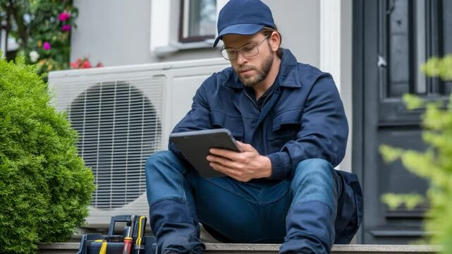 Tech Inspection: A technician inspects a heat pump using a digital tablet, showcasing professional efficiency and commitment to climate control excellence.