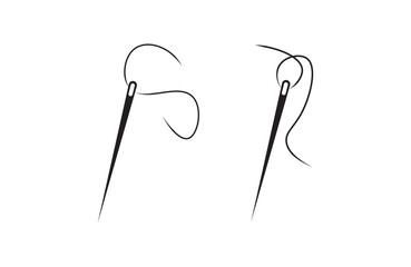 Set of needle with thread vector icons. Black silhouette with sewing needle. The needle and thread icon. A simple flat vector illustration on a white background