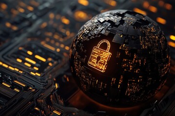 Computer chip with a glowing lock. The lock is surrounded by a glowing blue and yellow sphere. Globe with digital padlock over circuit board dark background.