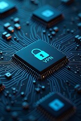 Cybersecurity VPN concept with a glowing padlock icon on a circuit board, vertical composition. A 3D rendering depicting digital security and data protection technology.