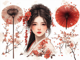 Beautiful Japanese girl in traditional kimono with beautiful hairstyle with flowers