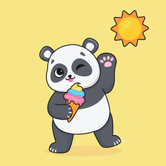 Cute cartoon panda. Panda eating ice cream. Hot weather. Vector illustration for children