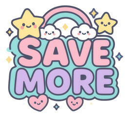 Pastel cloud sticker with SAVE MORE in playful cartoon style, cute retail promo offer on transparent background.