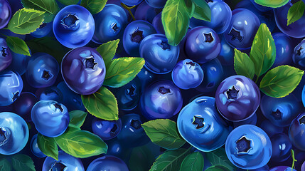 Blueberry seamless pattern. Fresh blueberries with green leaves on dark blue background.
