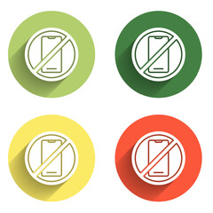 Set No cell phone icon isolated with long shadow background. No talking and calling sign. Cell prohibition. Color circle button. Vector