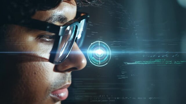 Close-up of a male programmer's eyes with eyeglasses in front of computer monitor. The male programmer's eyes reveal his expertise and concentration as he writes code on his computer.