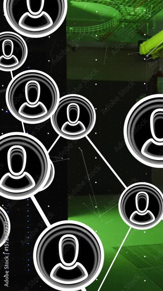 Poster animation of connections with people icons with data processing over computer servers
