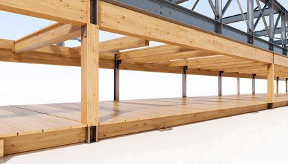Large Open-Air Wooden Construction Structure with Metal Beams, Temporary Building Framework