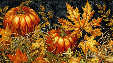 Autumn background with pumpkins, leaves and branches. Vector illustration.
