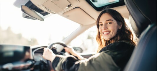 The smiling woman enjoying a sunny drive in a modern car.