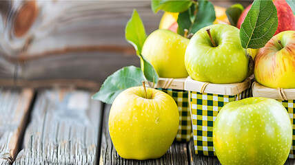 fresh green apples in a basket on a wooden background. toning. selective focus