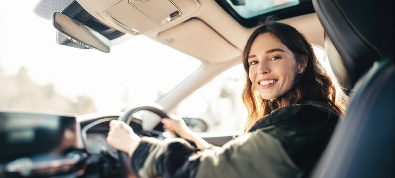 The smiling woman enjoying a sunny drive in a modern car.