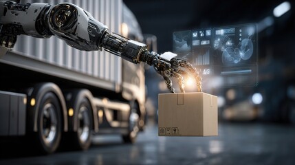 Advanced Robot Arm Lifting Parcel into Delivery Truck Environment