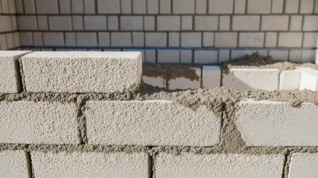a worker erects a wall of aerated concrete blocks.