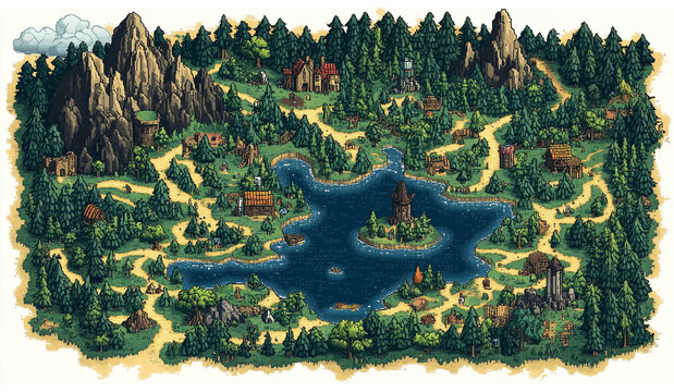 A dynamic, large map of diverse land areas in retro cartoon flat pixelated 8-bit style for a mobile or computer video game