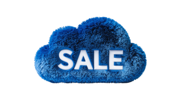 Furry blue cloud-shaped sticker with SALE in dark blue, plush retail promo offer 