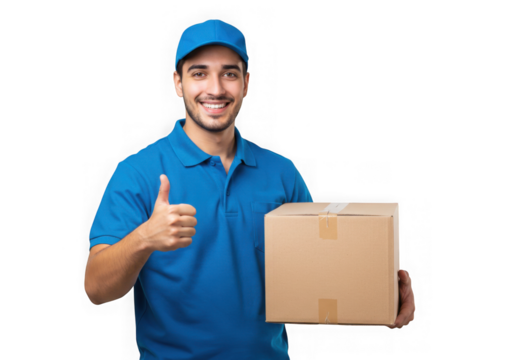 Delivery man holding package with thumbs up isolated on transparent background