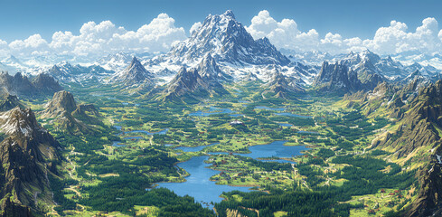 Lively 2D map featuring tall mountains, green forests, trails, and cozy towns, created in a cartoon flat style for video games on mobile and computer