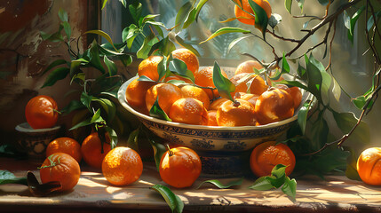 Still life with tangerines in a bowl on the windowsill