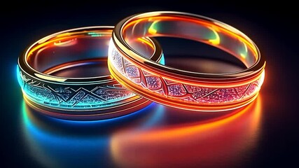 Wedding rings on black background in neon light.