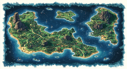A richly illustrated map of island featuring elevated mountains, sprawling forests, scenic roads, and tiny villages in a charming cartoon flat style for a mobile or computer game adventure