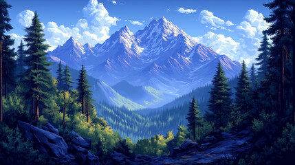 Game background of dense forest with tall pine trees against the backdrop of majestic mountains in the distance under a clear blue sky in flat cartoon pixel style