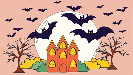 Halloween Castle Night Background with Spooky Tree and Bats