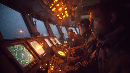 A wideangle image capturing the bridge of a vessel during a storm with crew members actively engaging the manual override system their focused expressions illuminated by the glow of