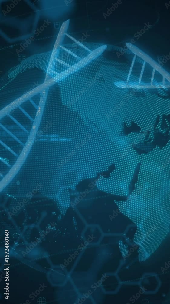 Wall mural animation of scientific data processing over globe and dna strands on dark background