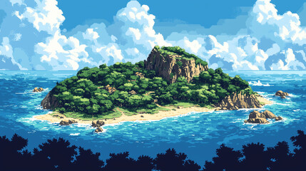 Video game interface background of tropical island surrounded by ocean, palm trees, beaches in flat cartoon 8-bit retro style