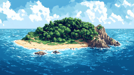 Video game interface background of tropical island surrounded by turquoise ocean waters, palm trees in flat cartoon 8-bit retro style