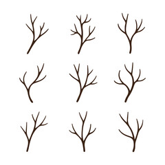 Fototapeta premium Minimalist set of 9 small branch silhouettes with bare twigs in dark brown, ideal for autumn or nature-themed designs.