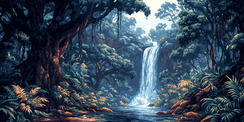 Video game interface background of dense jungle with towering trees, waterfall, hanging vines in flat cartoon 8-bit retro style