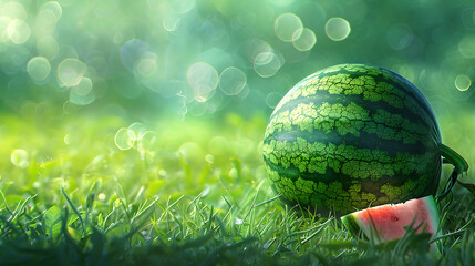 Watermelon on the green grass with bokeh background.